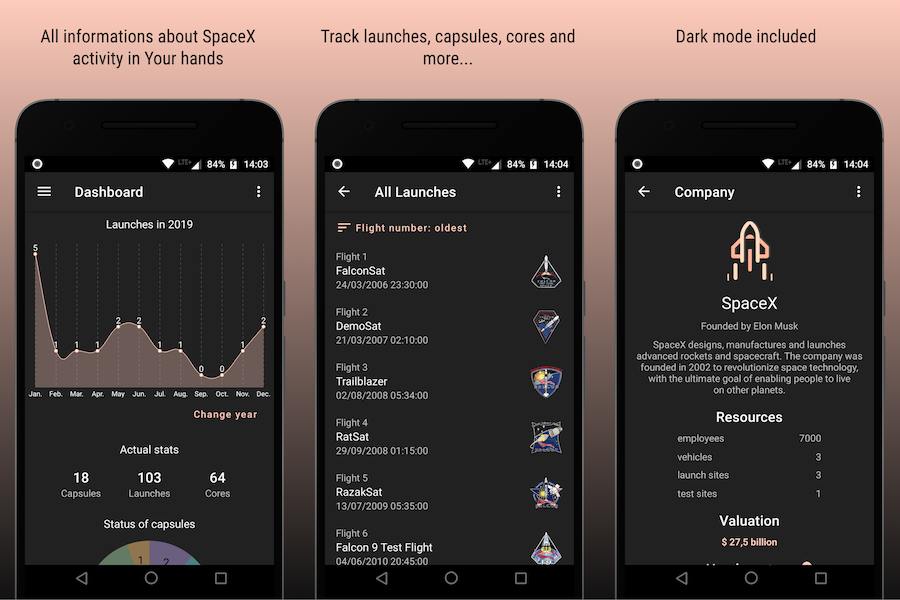 Screenshots from SpaceX Follower app
